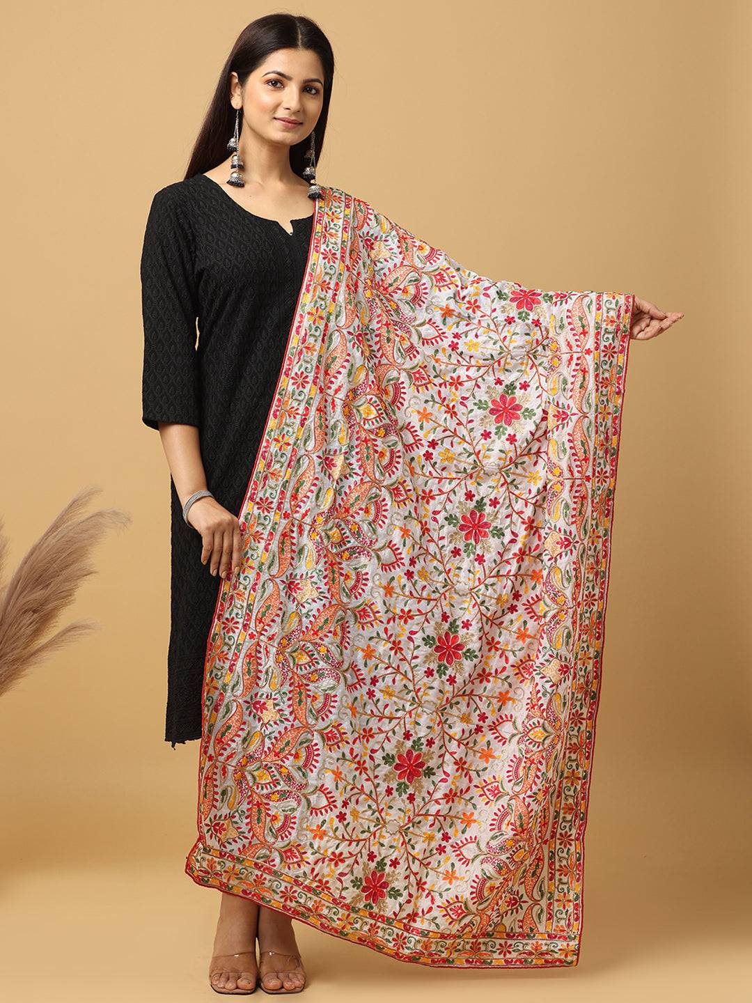White poly chiffon pashmina dupatta with colorful threadwork.