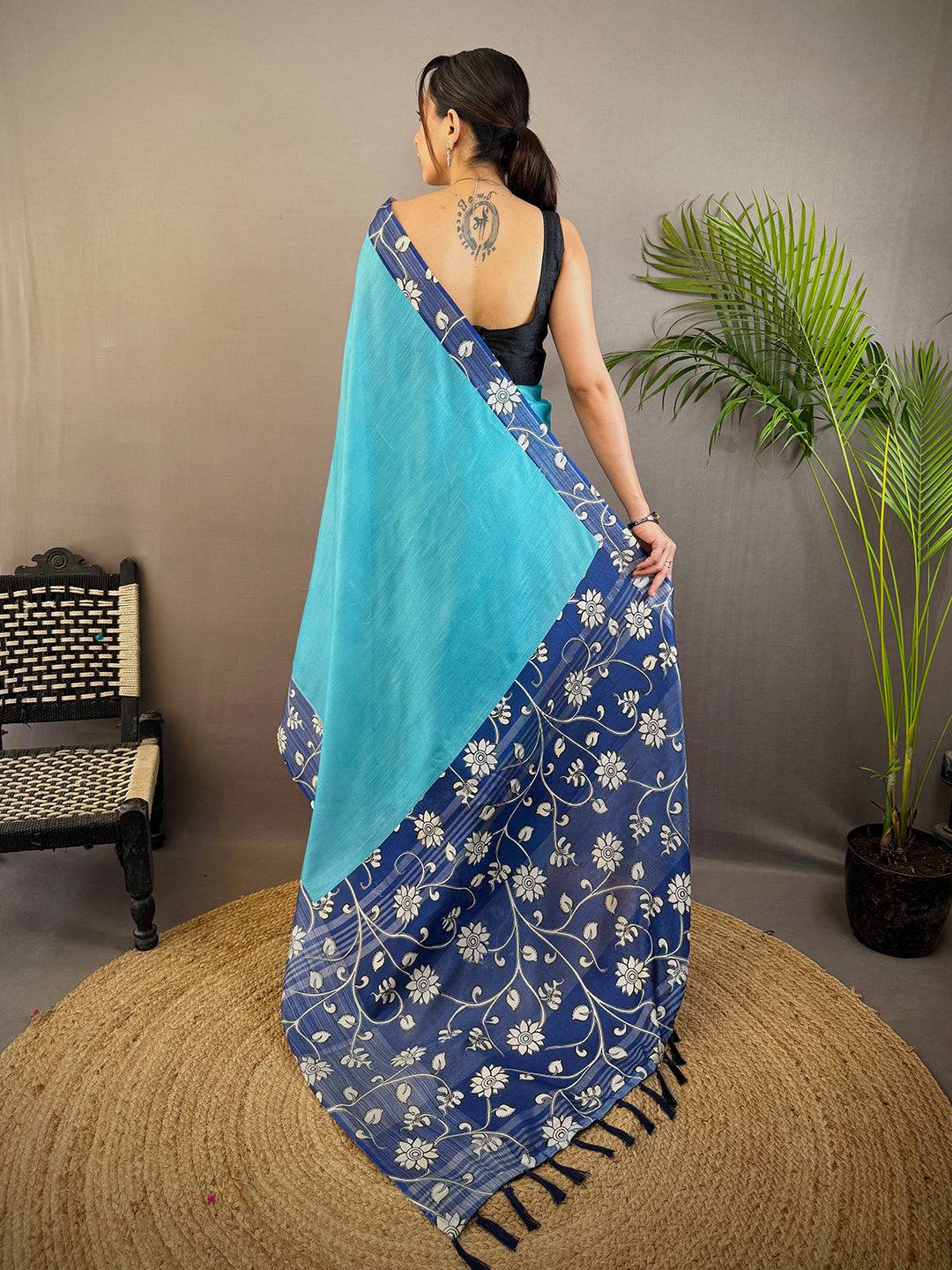 Sky Blue Linen Kalamkari Print Saree