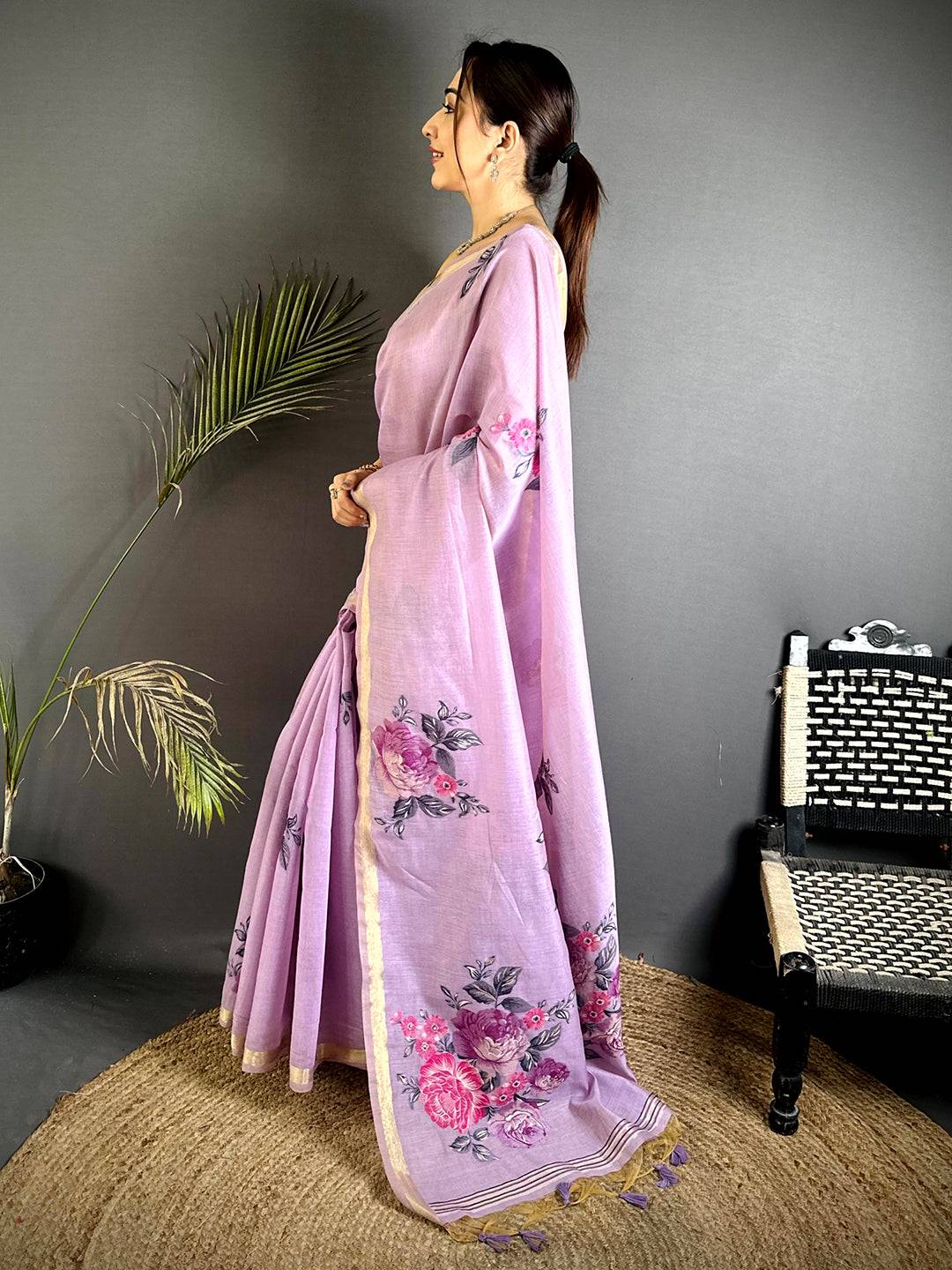 Heritage Floral Khadi Linen Zari Saree