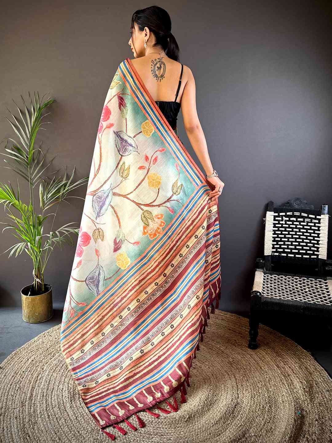 Floral Breeze Blue Chanderi Saree