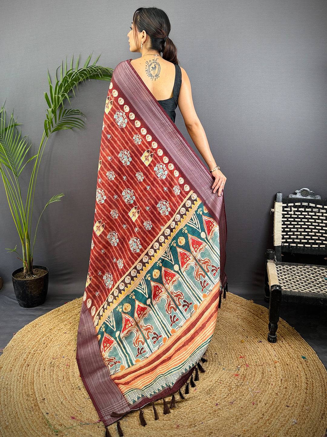 Red Linen Block Kalamkari Print Saree