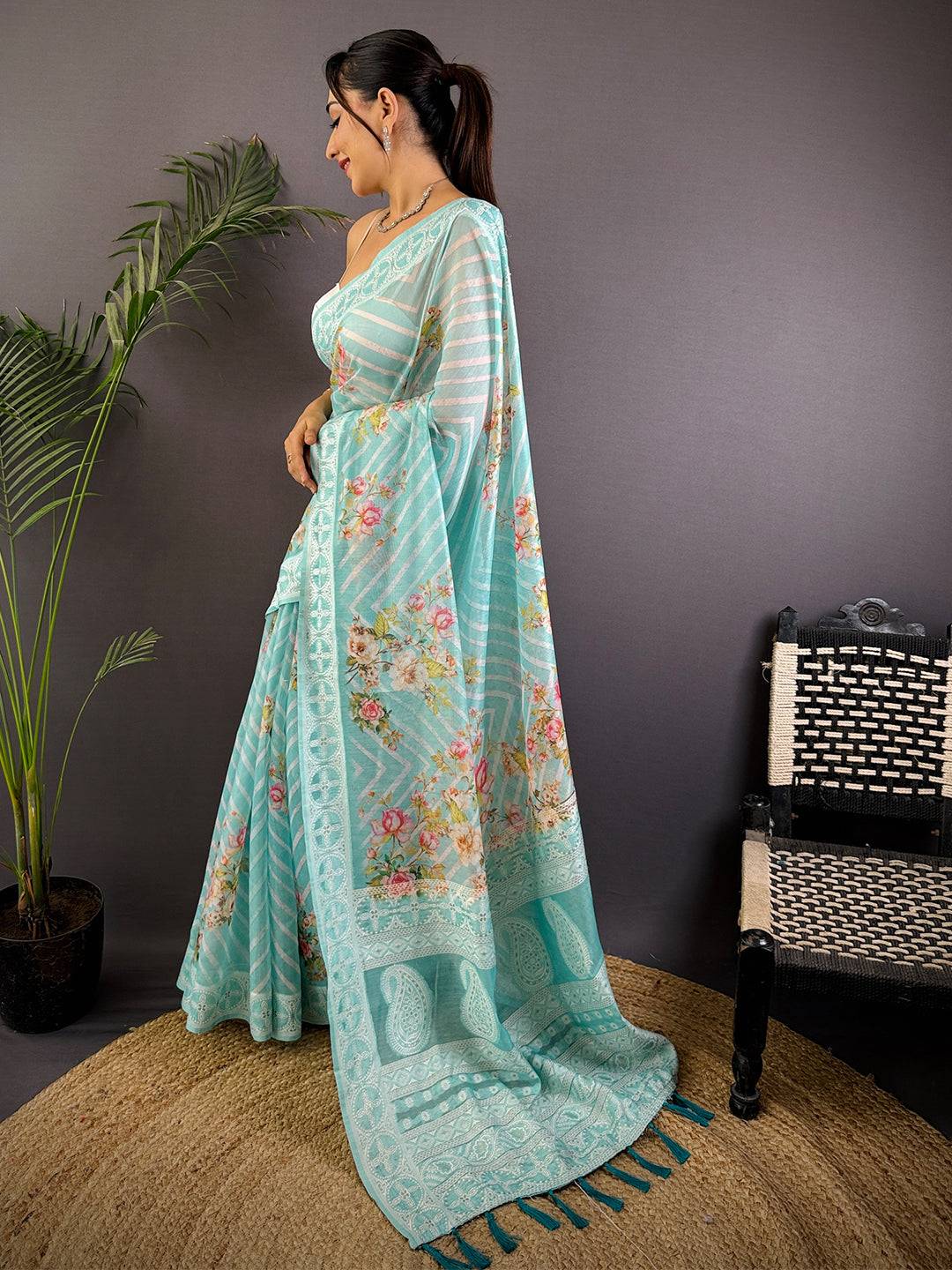 Turquoise Lakhnavi Linen Digital Print Saree