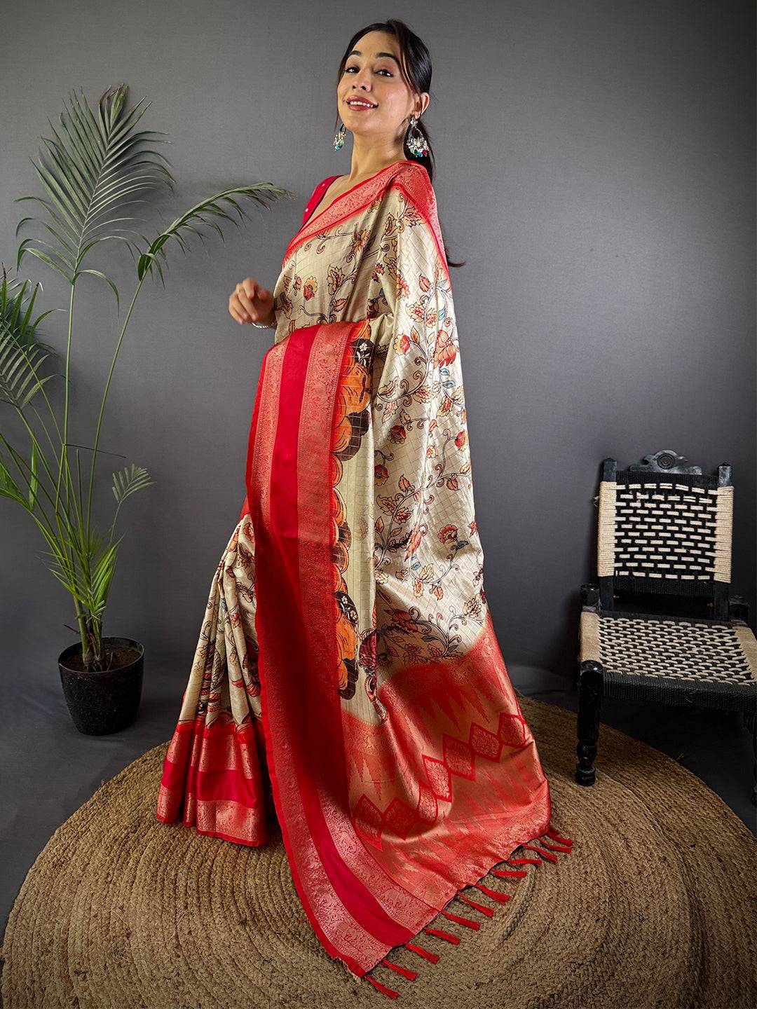 Ethereal Cream Kalamkari Printed Saree