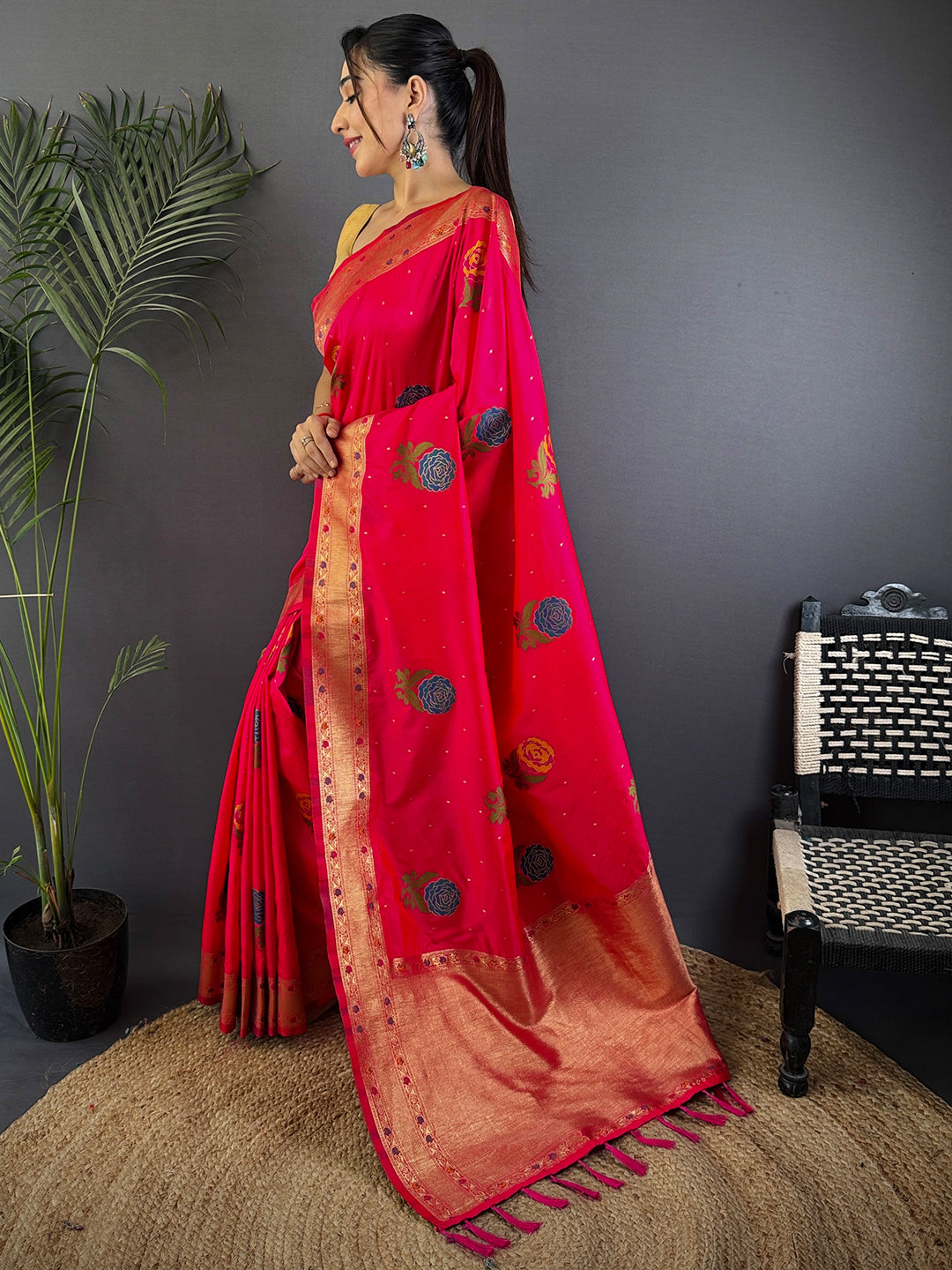 Pink Soft Silk Flowerport Minakari Saree