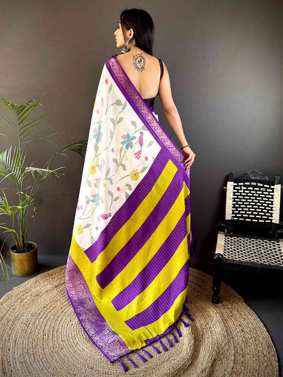 Purple Dola Silk Bird Print Saree