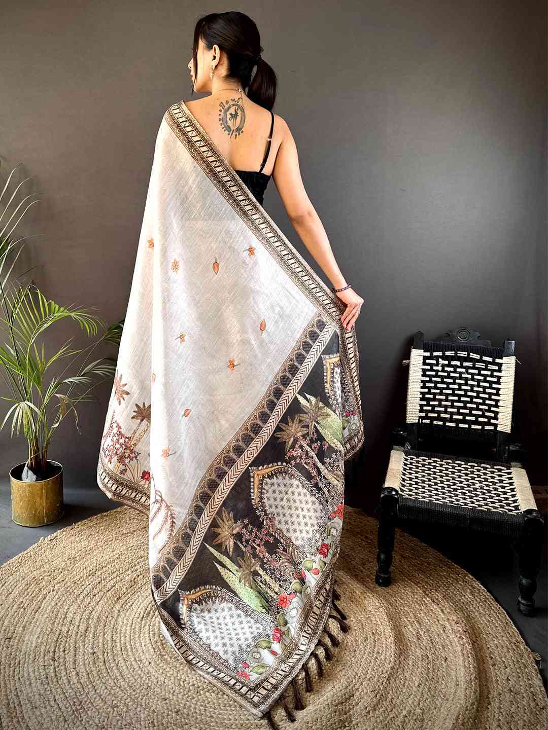 Grey Tussar Floral Leaf Print Saree