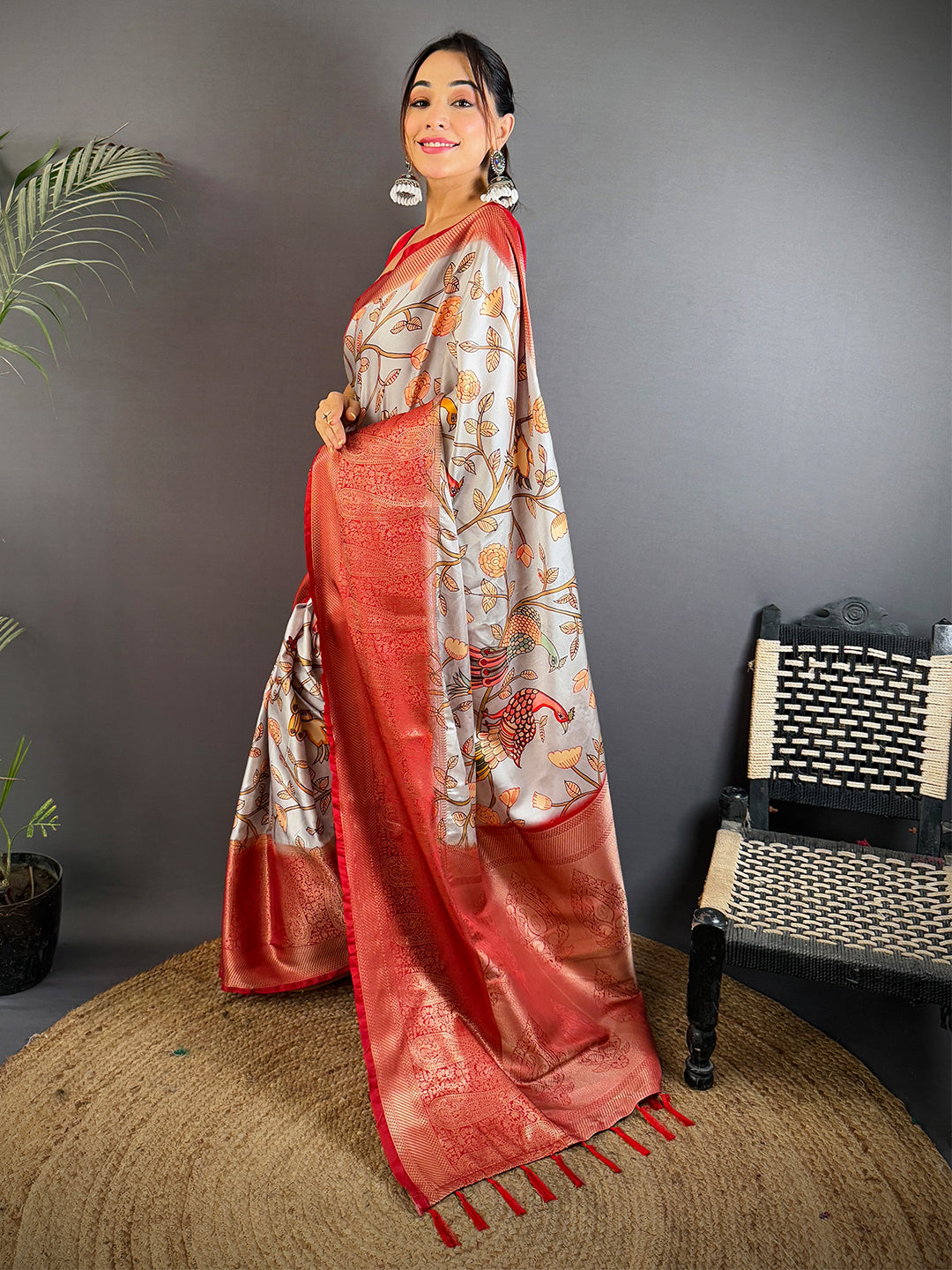 Radiant Cherry Satin Kalamkari Printed Saree