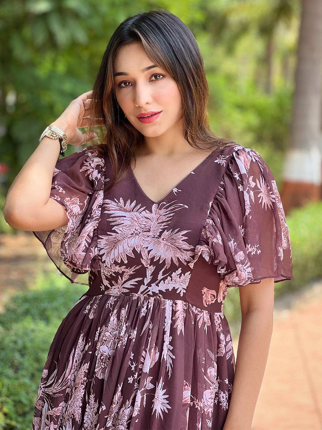 Antheaa Coffee Maxi dress with floral design