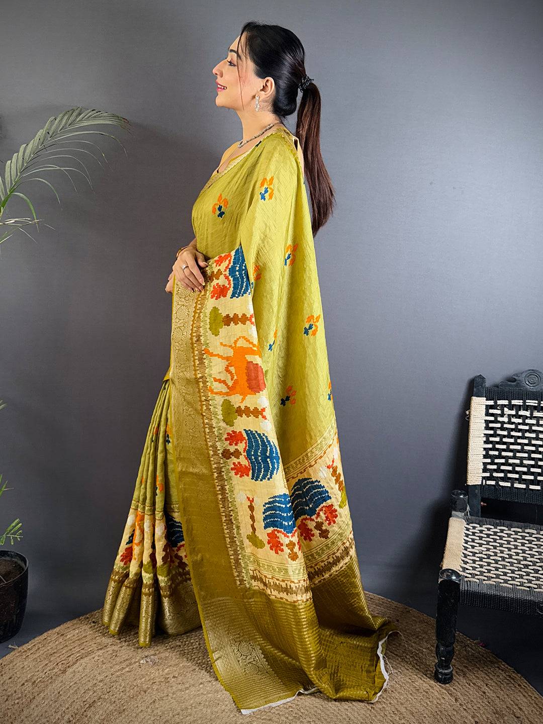Pure Viscose Light Olive Ikkat Saree