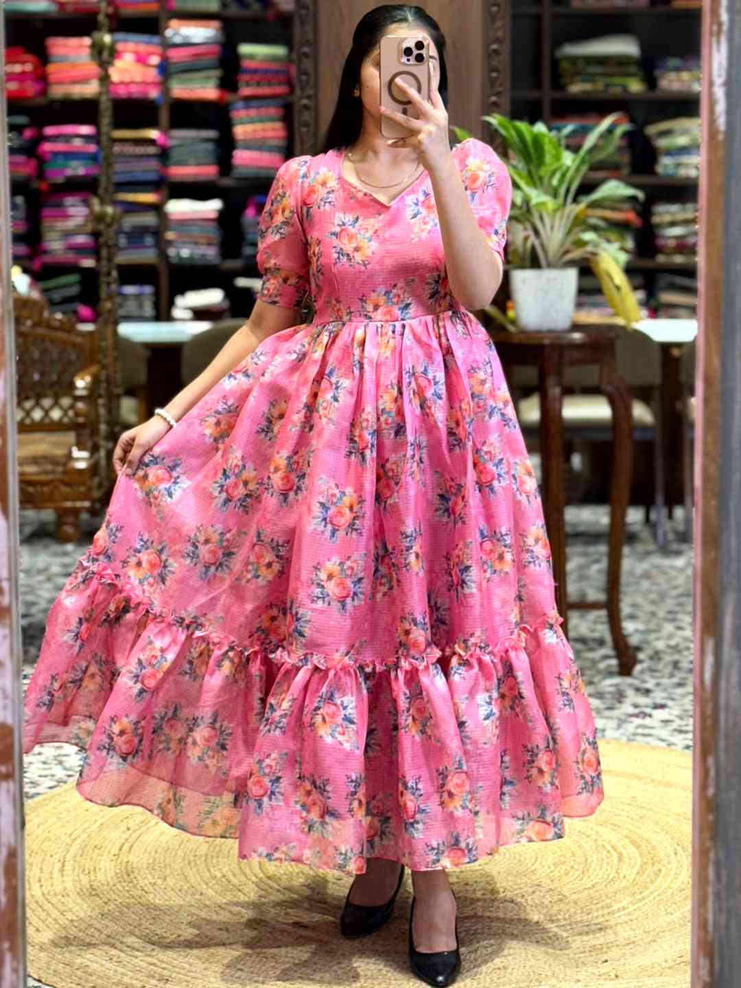 Pink Floral Print Midi Dress