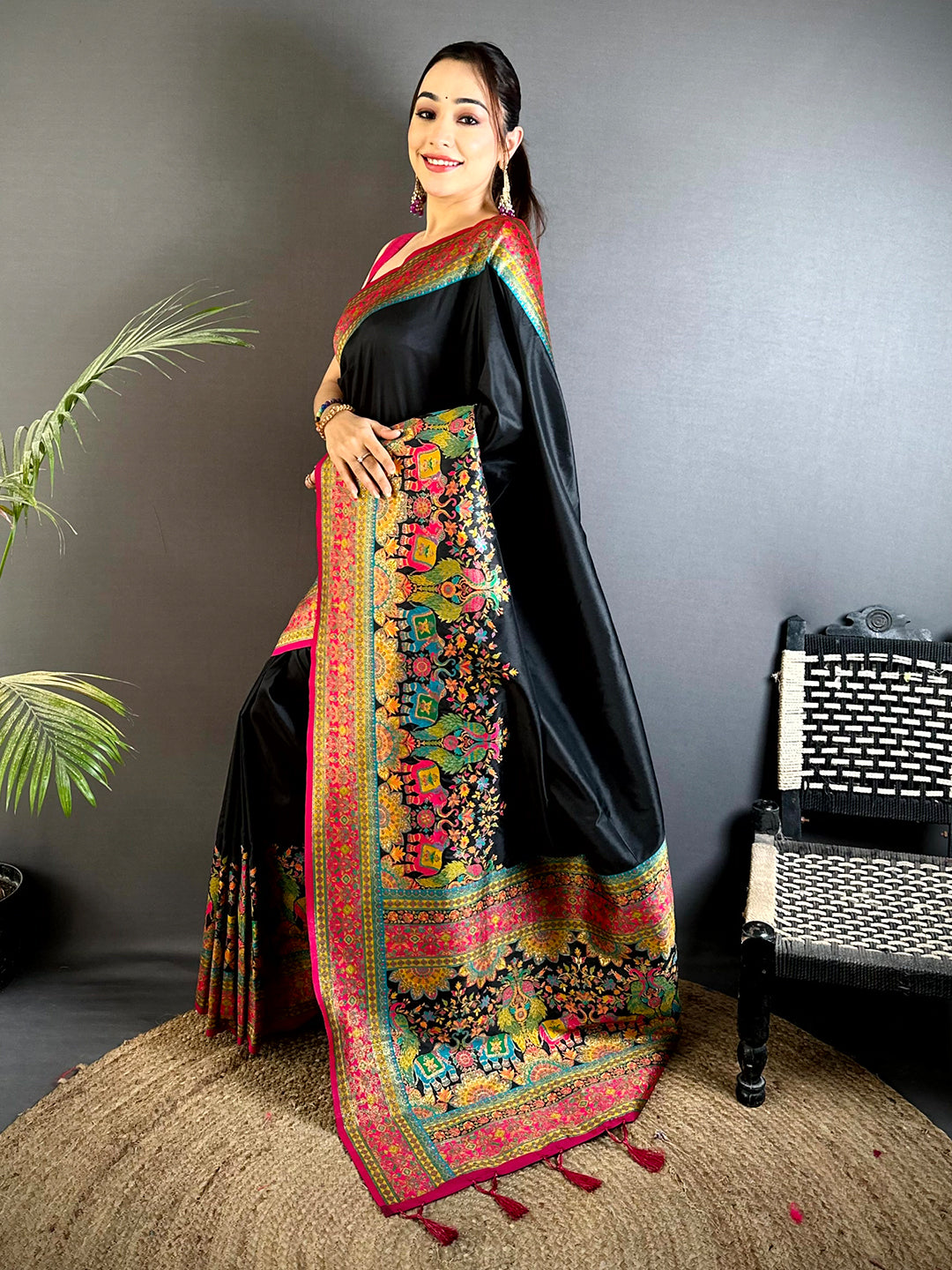 Black Kashmiri Art Soft Silk Saree