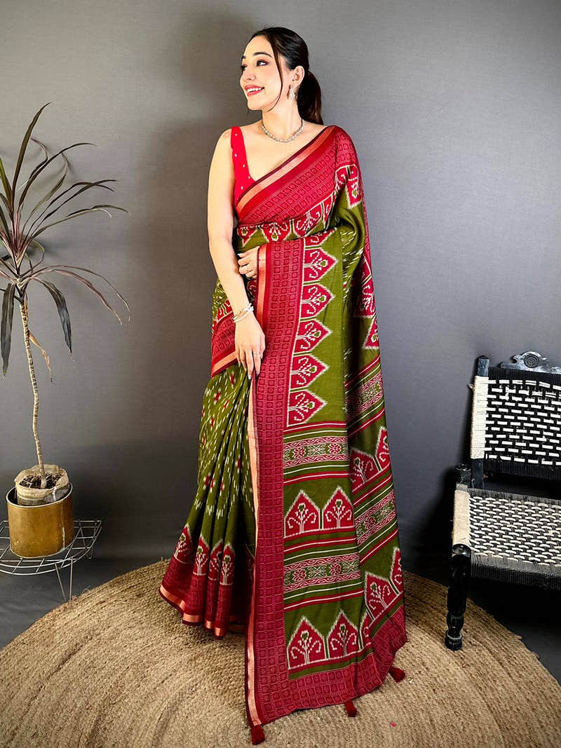 Olive Mul Cotton Ikkat Rudraksha Border Saree
