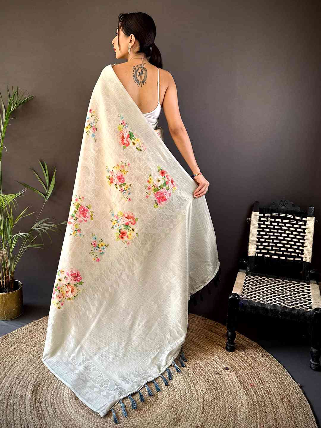 Off White Kanjivaram Digital Silk Saree
