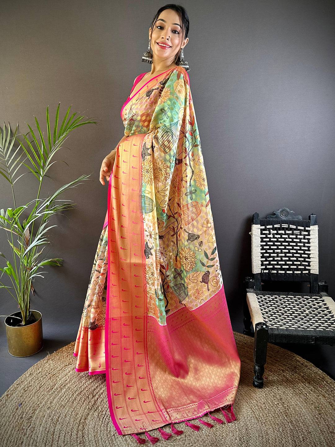 Multi Digital Paithani Kora Silk Saree