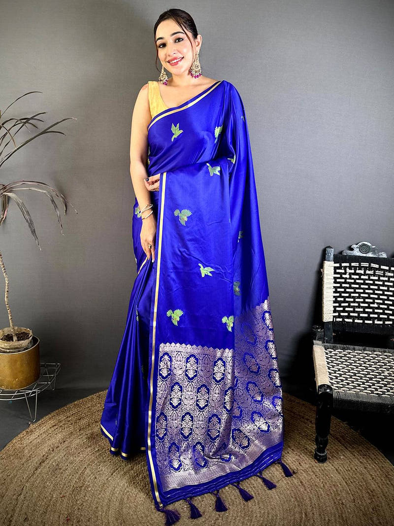 Soft Cherry Satin Minakari Bird Zari Saree