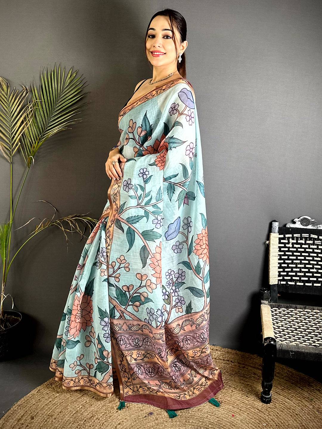 Blue Floral Soft Linen Summer Saree