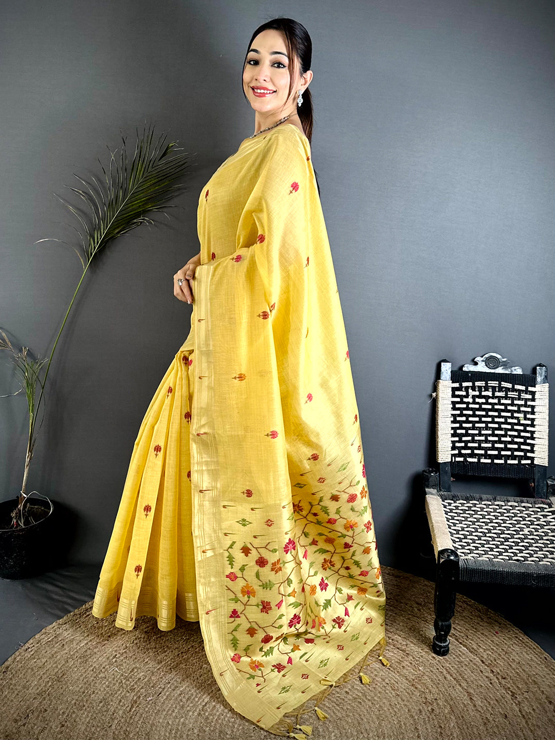 Yellow Geometric Patola Khadi Linen Saree