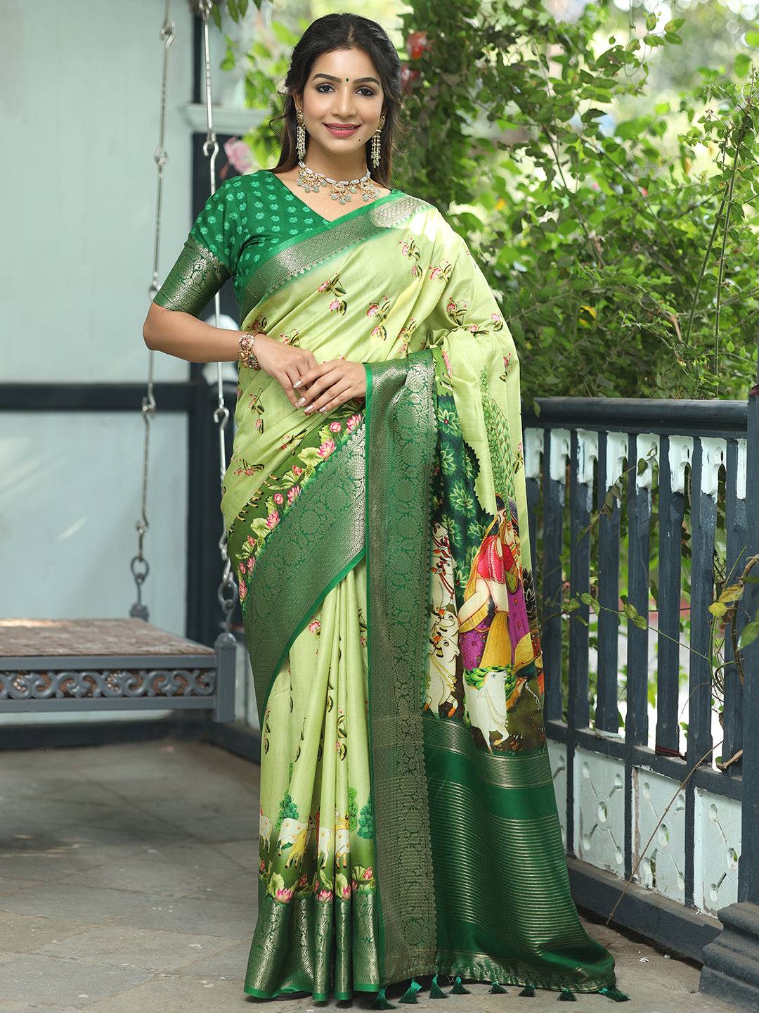 Pichwai Print Zari Weaving Pallu Saree In Light Green Colour