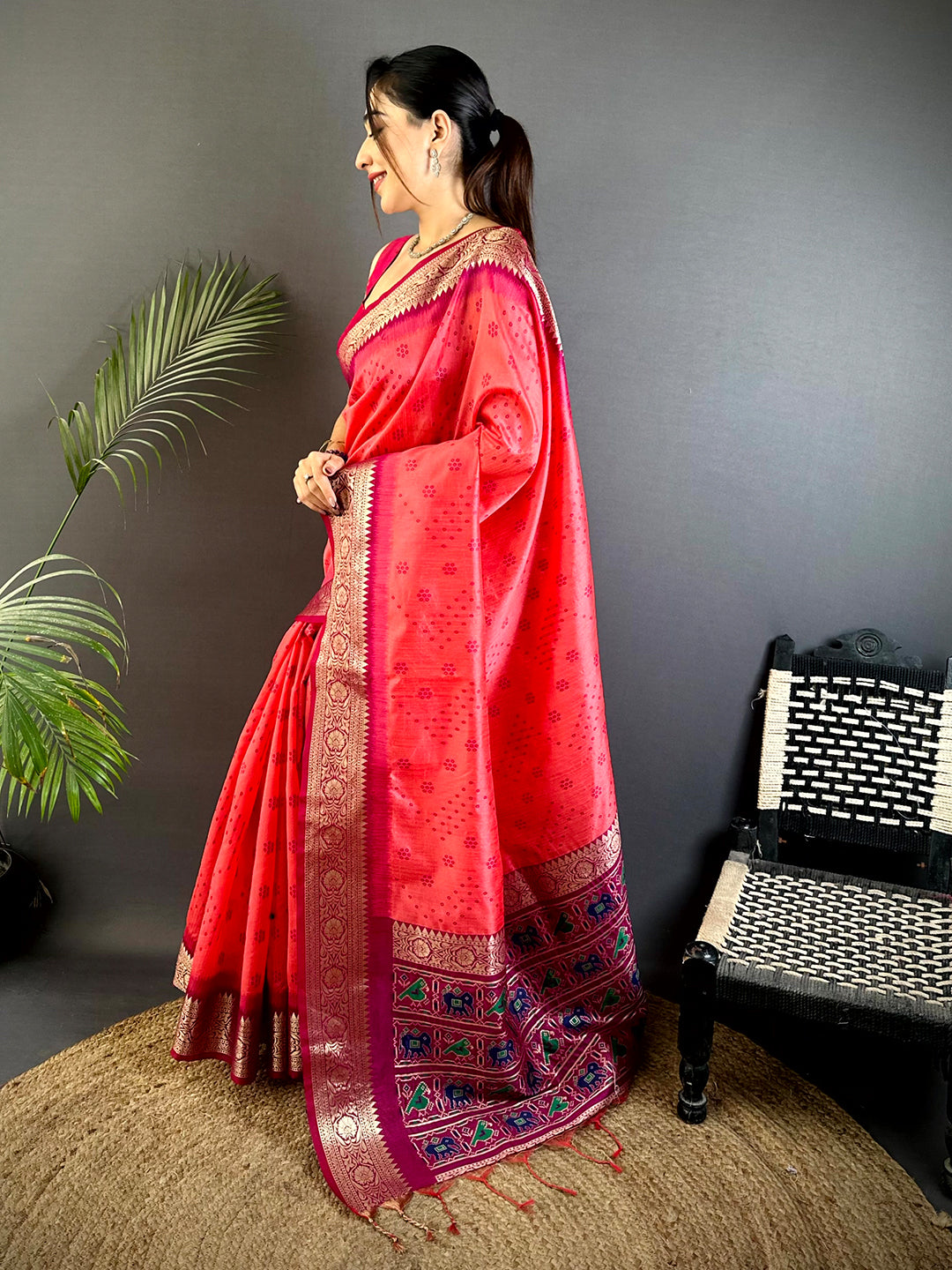 Pink Bandhej Pochampally Raw Silk Saree