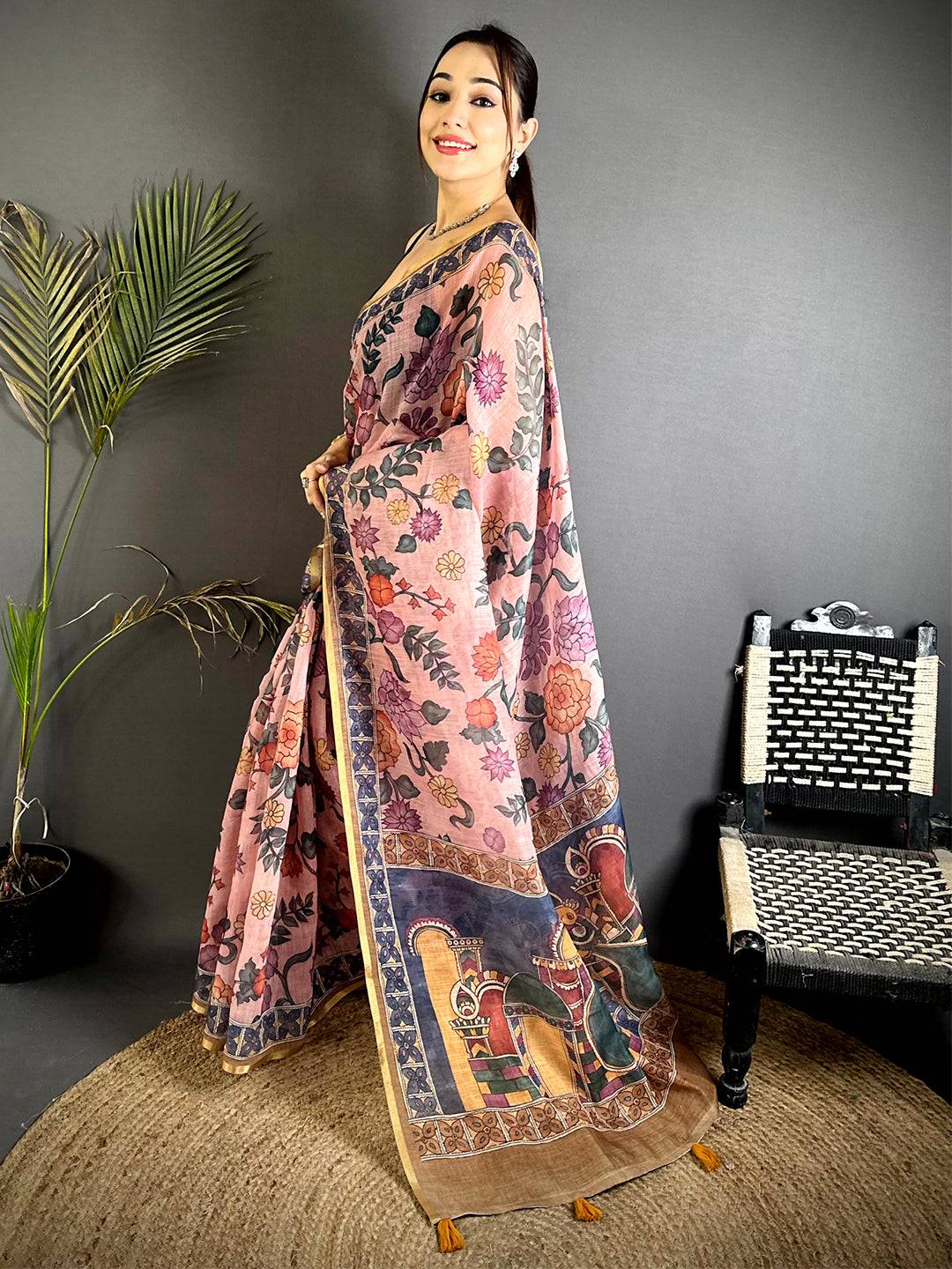 Stylish Floral Kalamkari Soft Linen Saree