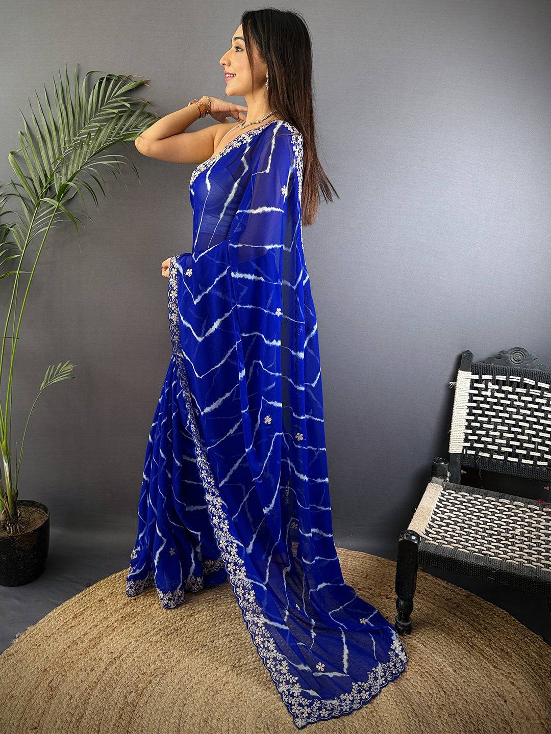 Blue Soft Georgette Bandhej Print Saree