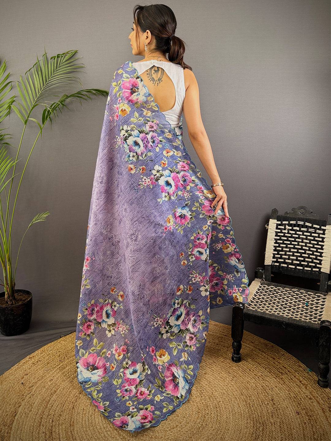 Lavender Floral Cut Work Kota Saree
