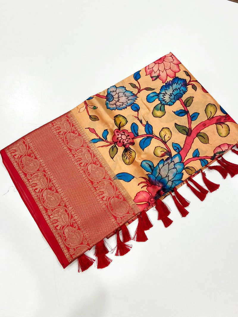 Peach Floral Printed Banarasi Saree