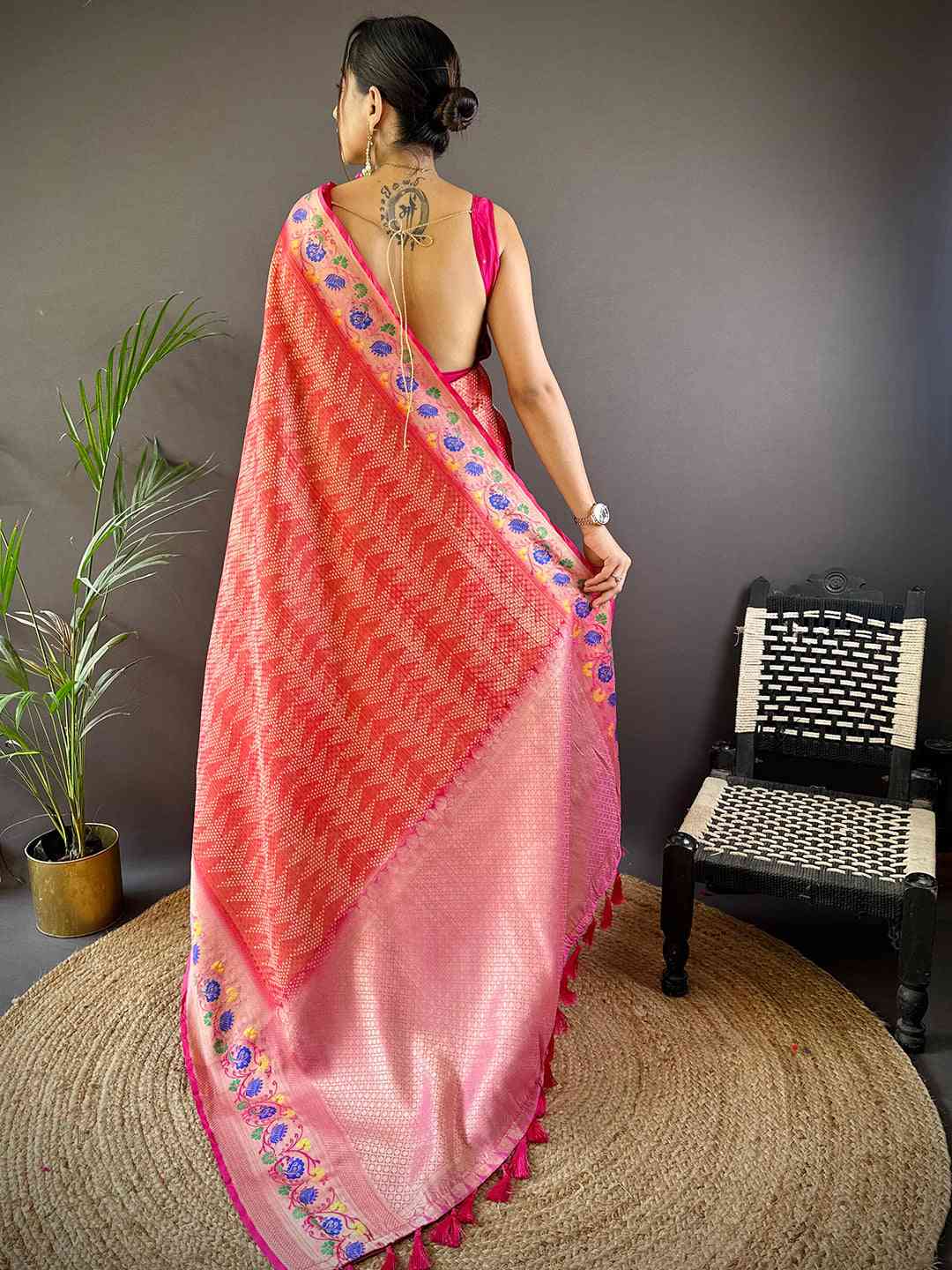 Kora Silk Banarasi Digital Print Saree In Pink Colour
