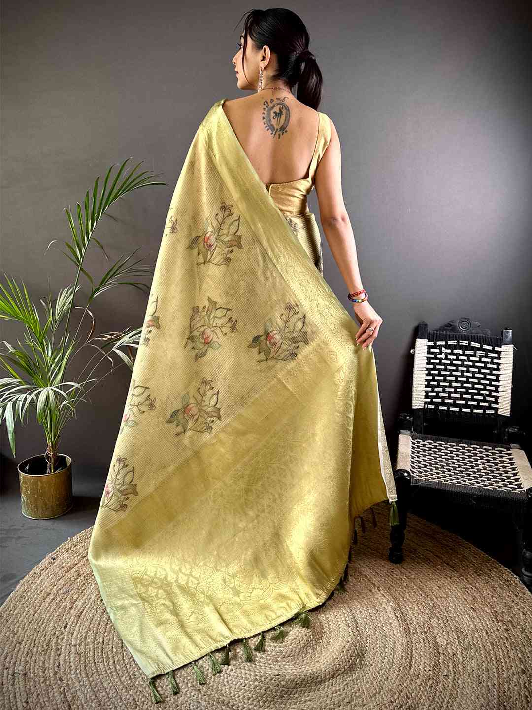 Stylish Olive Self Gold Zari Floral Print Saree
