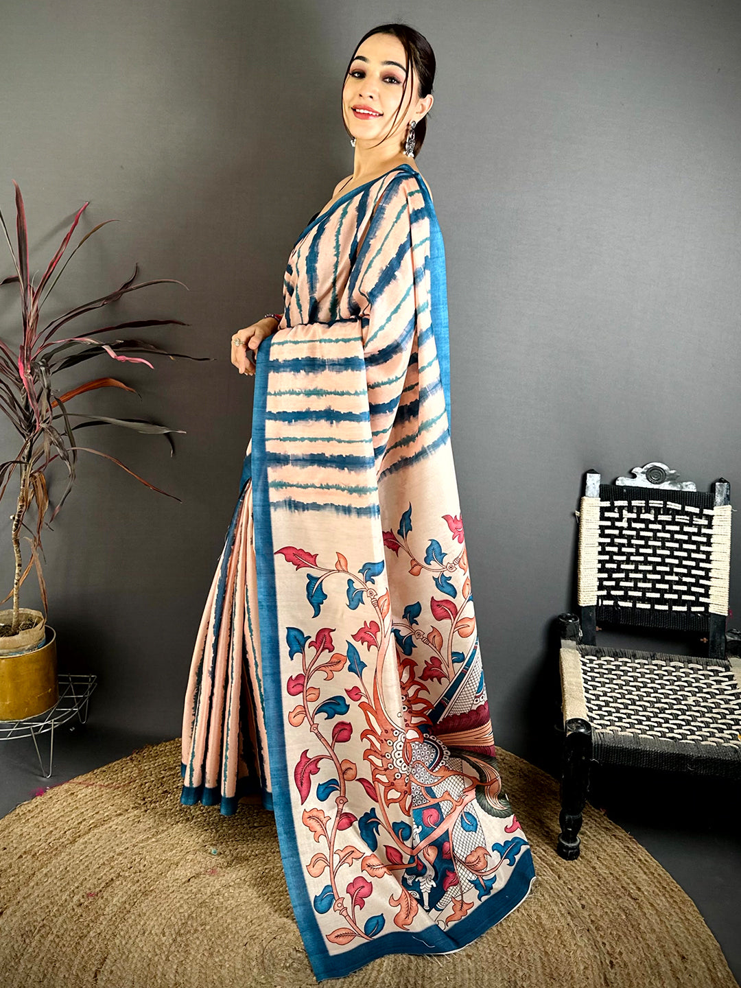 Artistic Ivory Tussar Kalamkari Print Saree