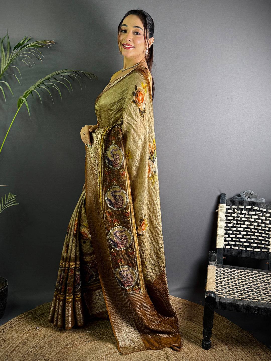 Beige Pure Viscose Digital Print Saree