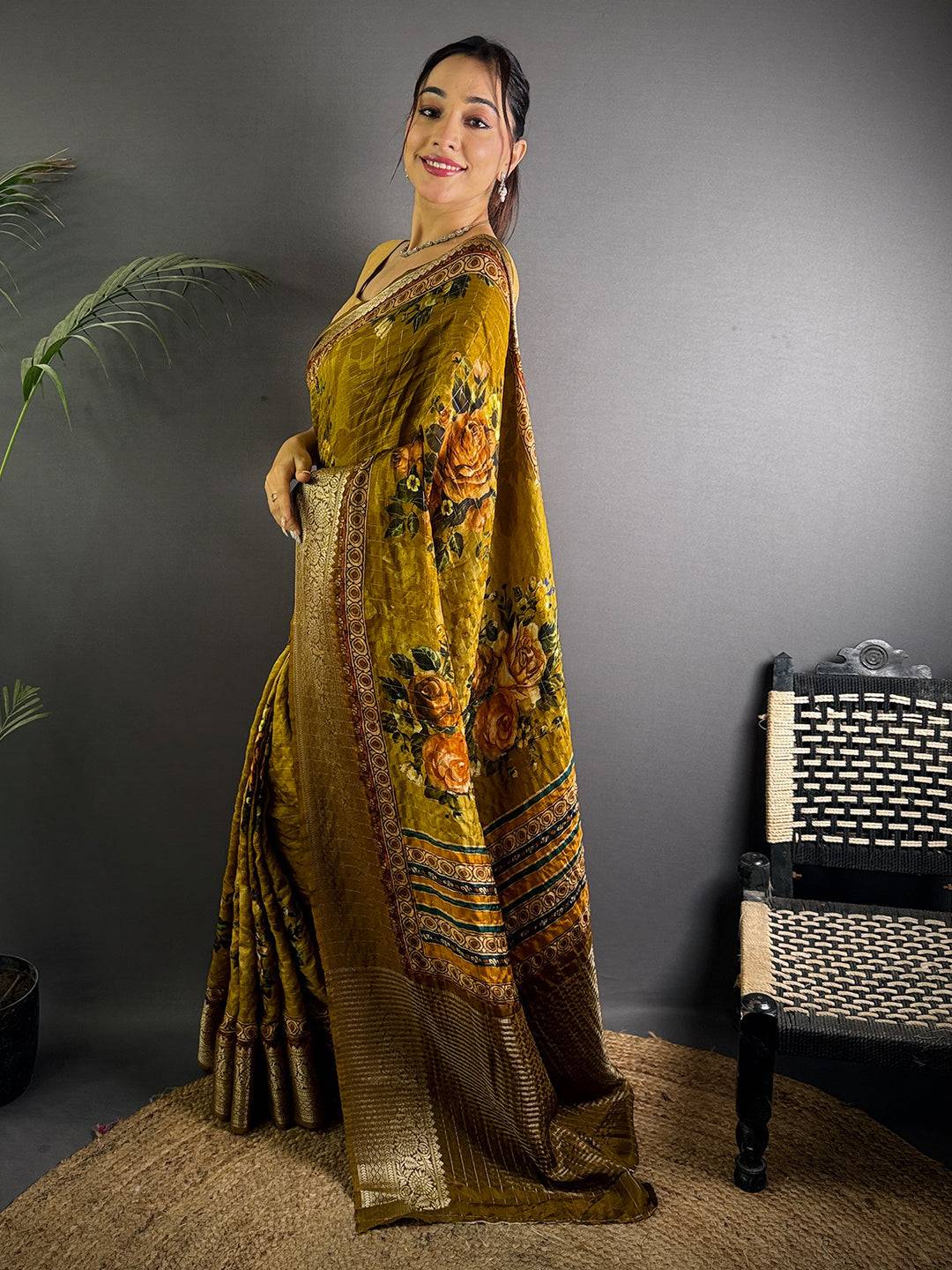 Mustard Pure Viscose Floral Printed Saree