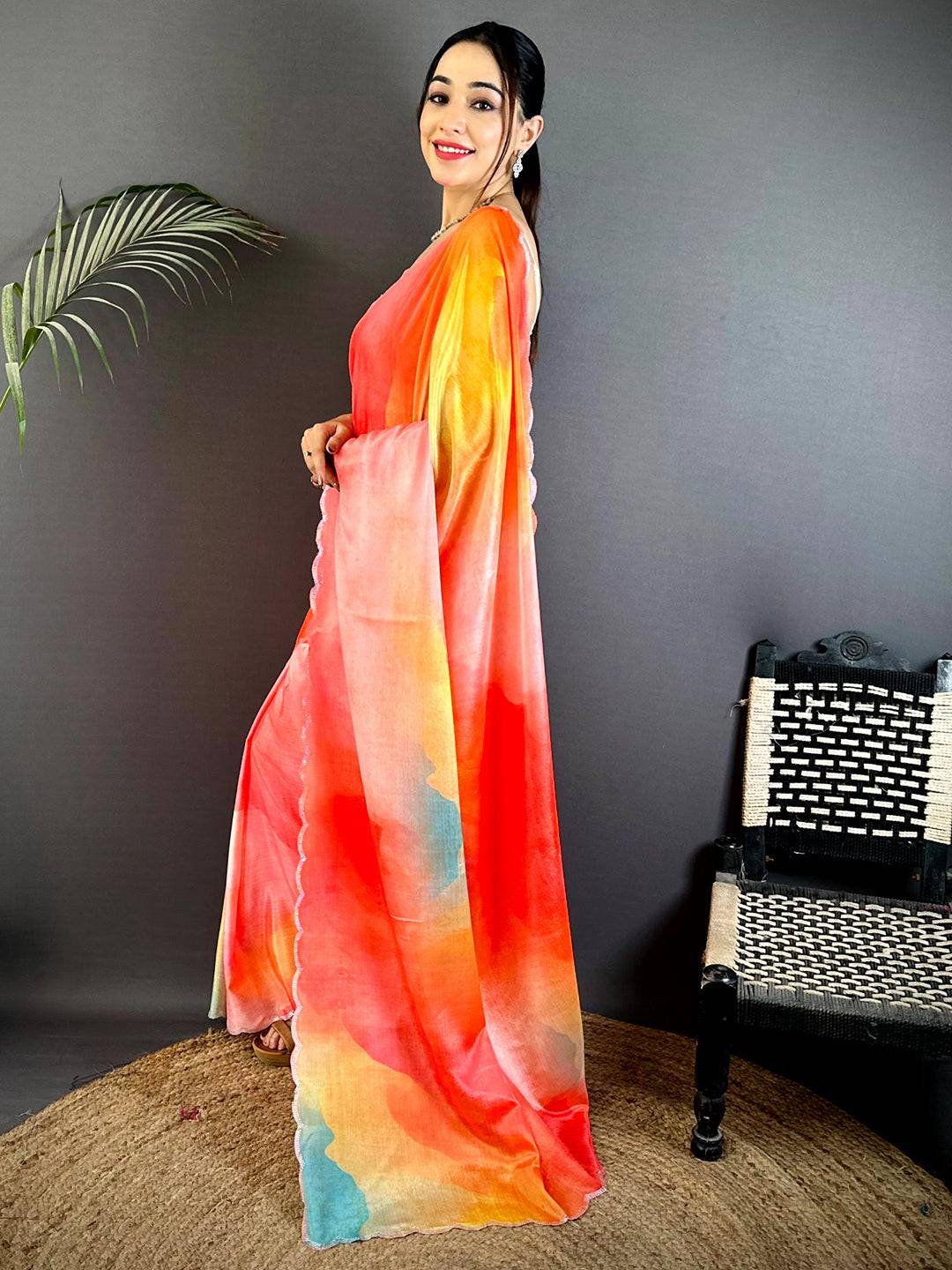 Majestic Freehand Abstract Chinnon Saree