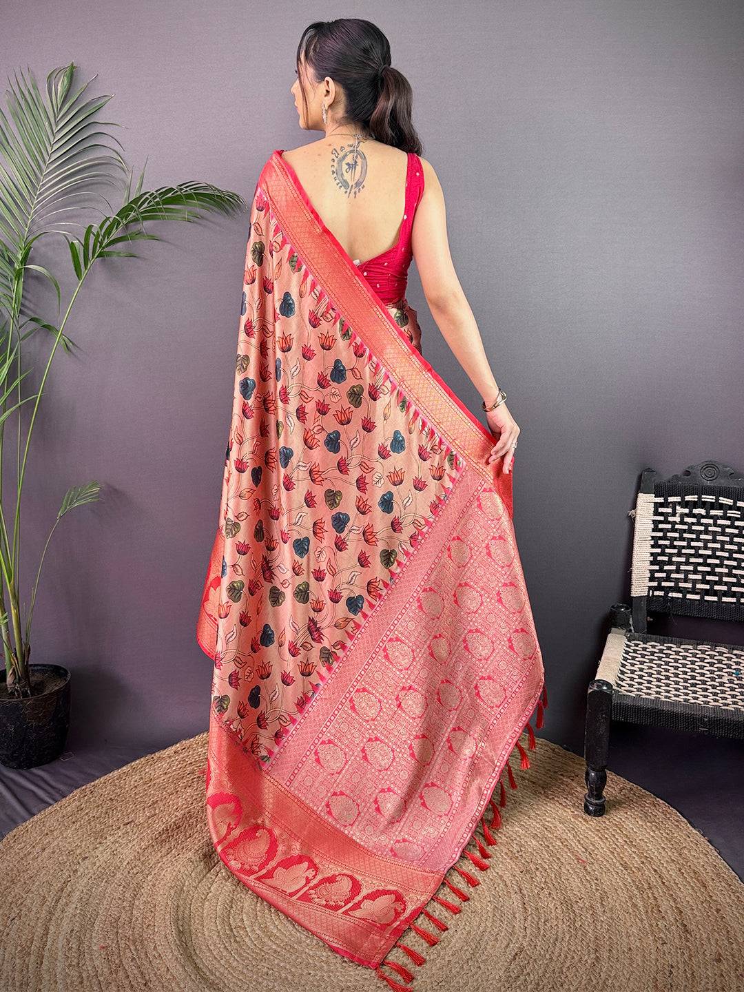 Vibrant Soft Cherry Satin Kalamkari Print Saree