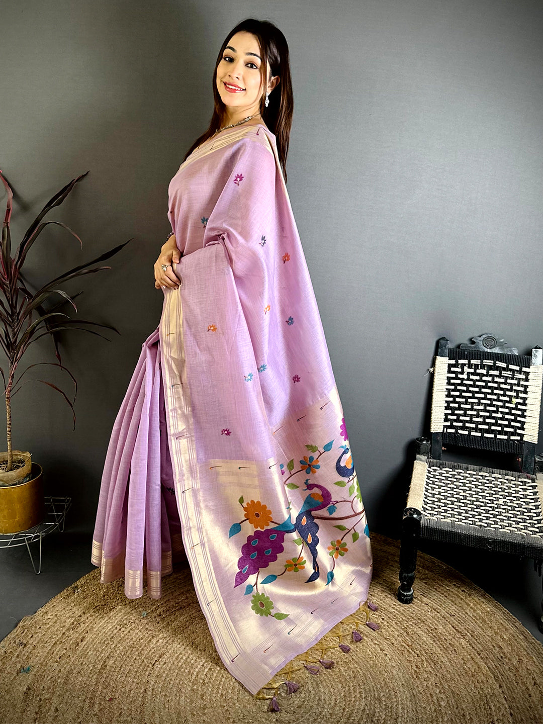 Lavender Munia Minakari Khadi Saree