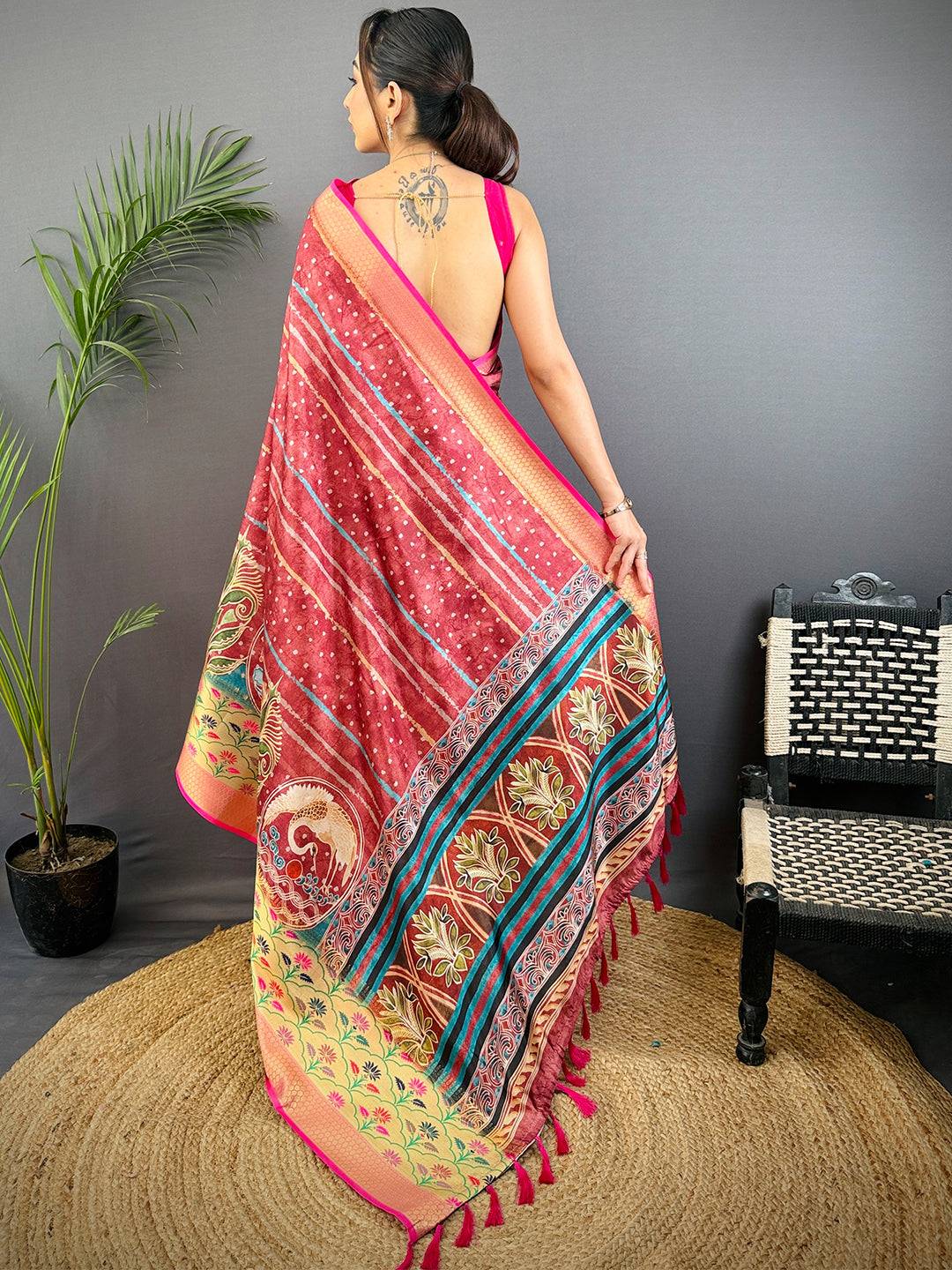 Maroon Freehand Digital Print Soft Silk Saree