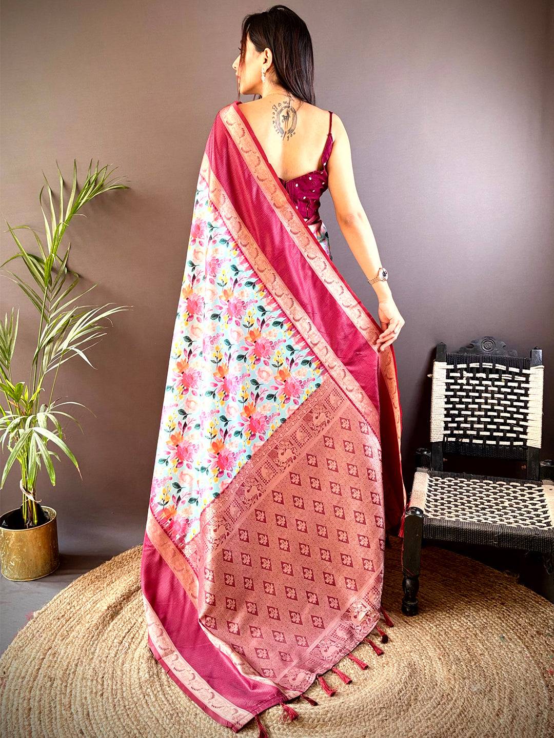Back view of Banarasi Soft Silk Saree with floral pattern