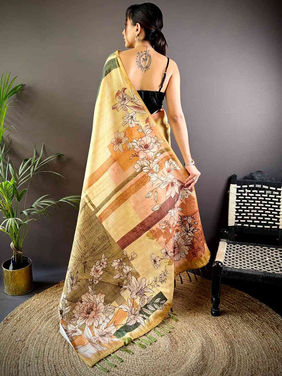 Light Yellow Tussar Zari Floral Saree