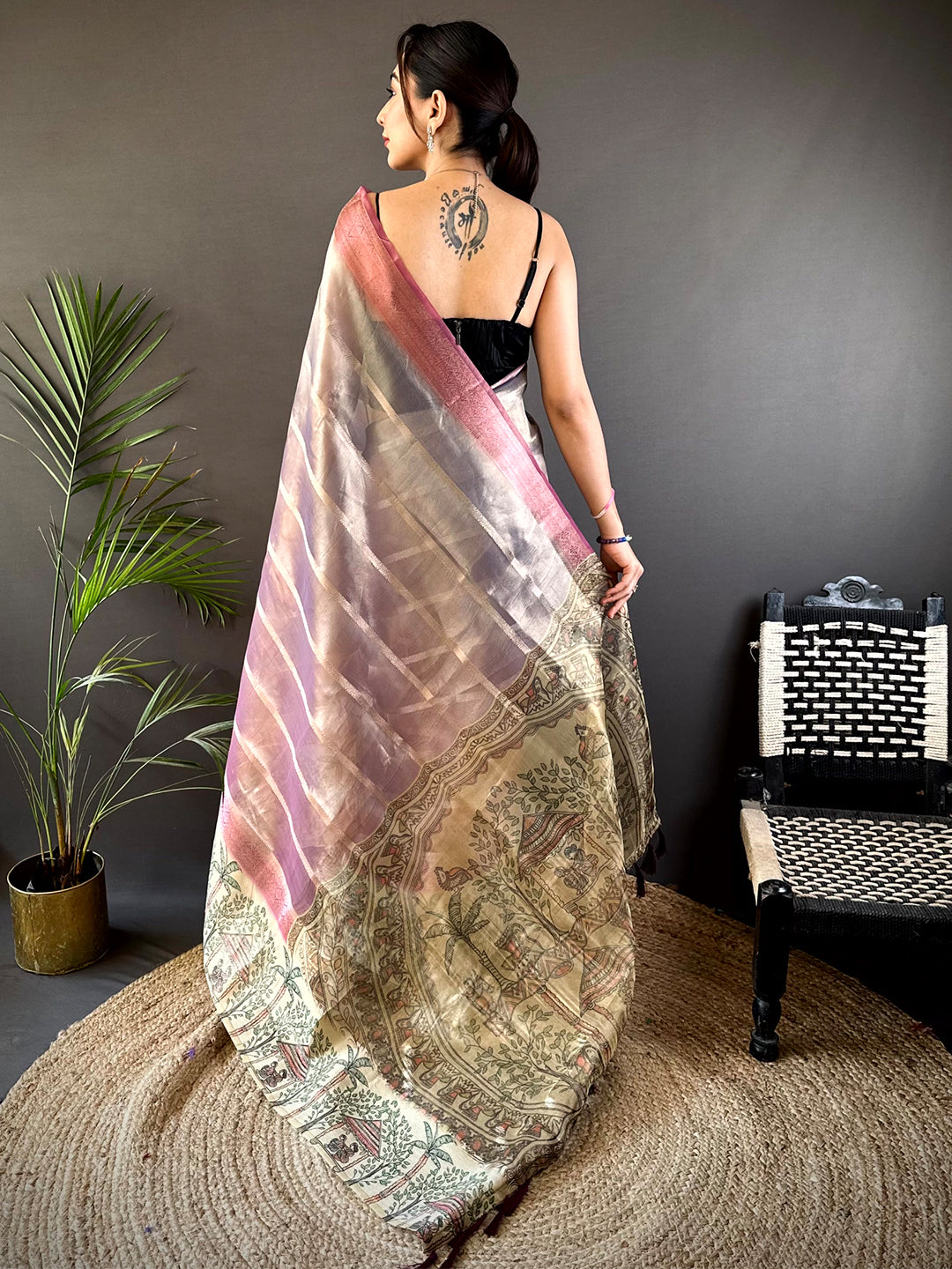 Pink Tissue Madhubani Print Saree