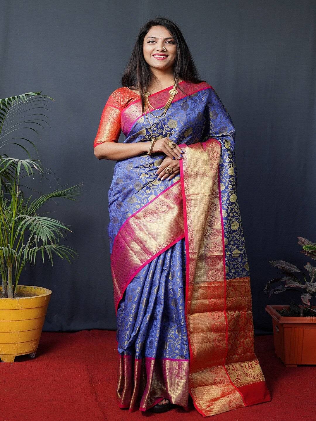 Royal Blue Floral Zari Banarasi Kanjivaram Silk Saree