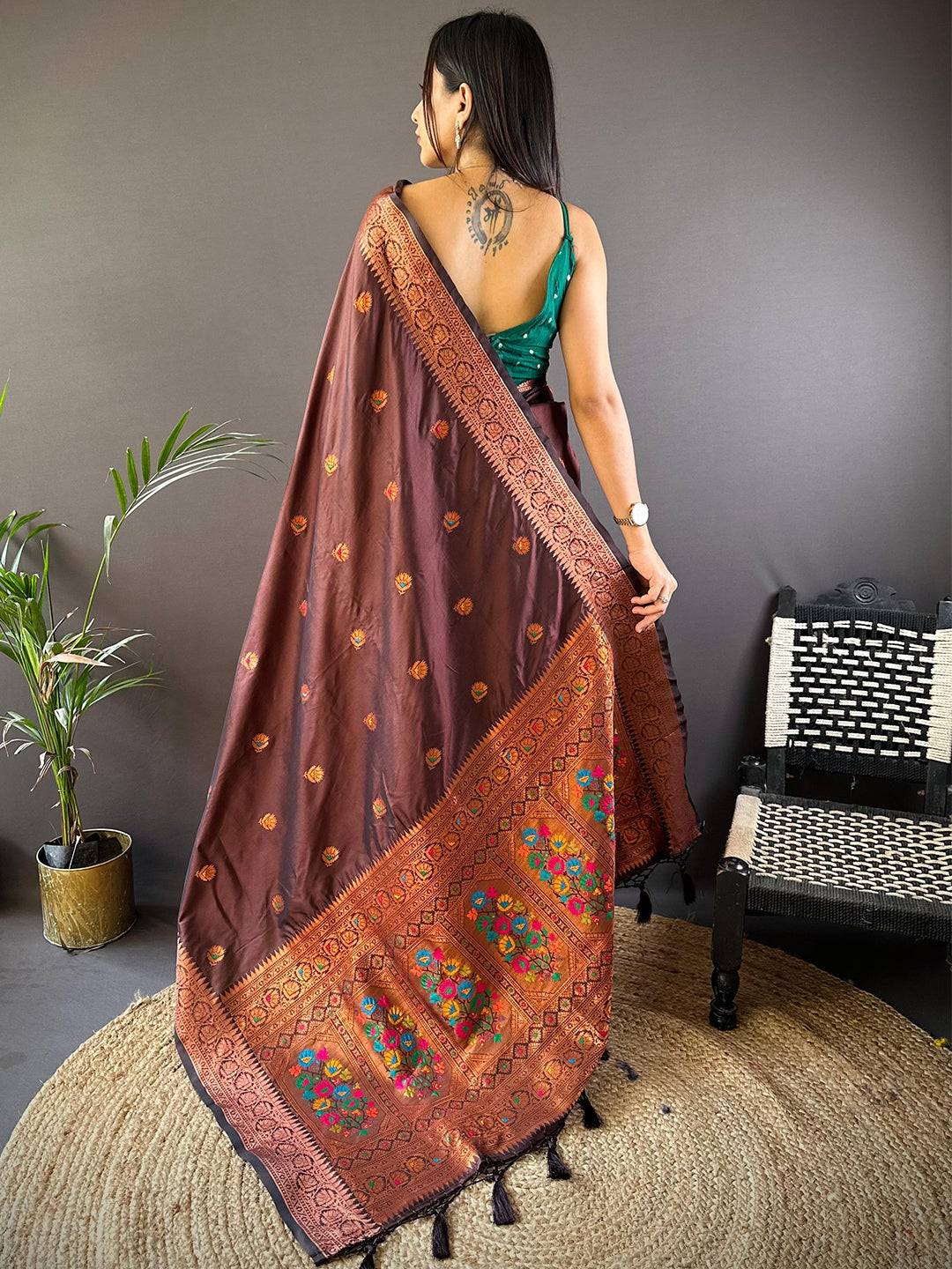 Brown Soft Silk Coppar Zari Weaving Saree