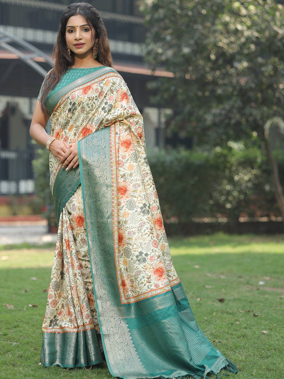 Sea Green Colour Phulkari Design Zari Weaving Pallu Saree