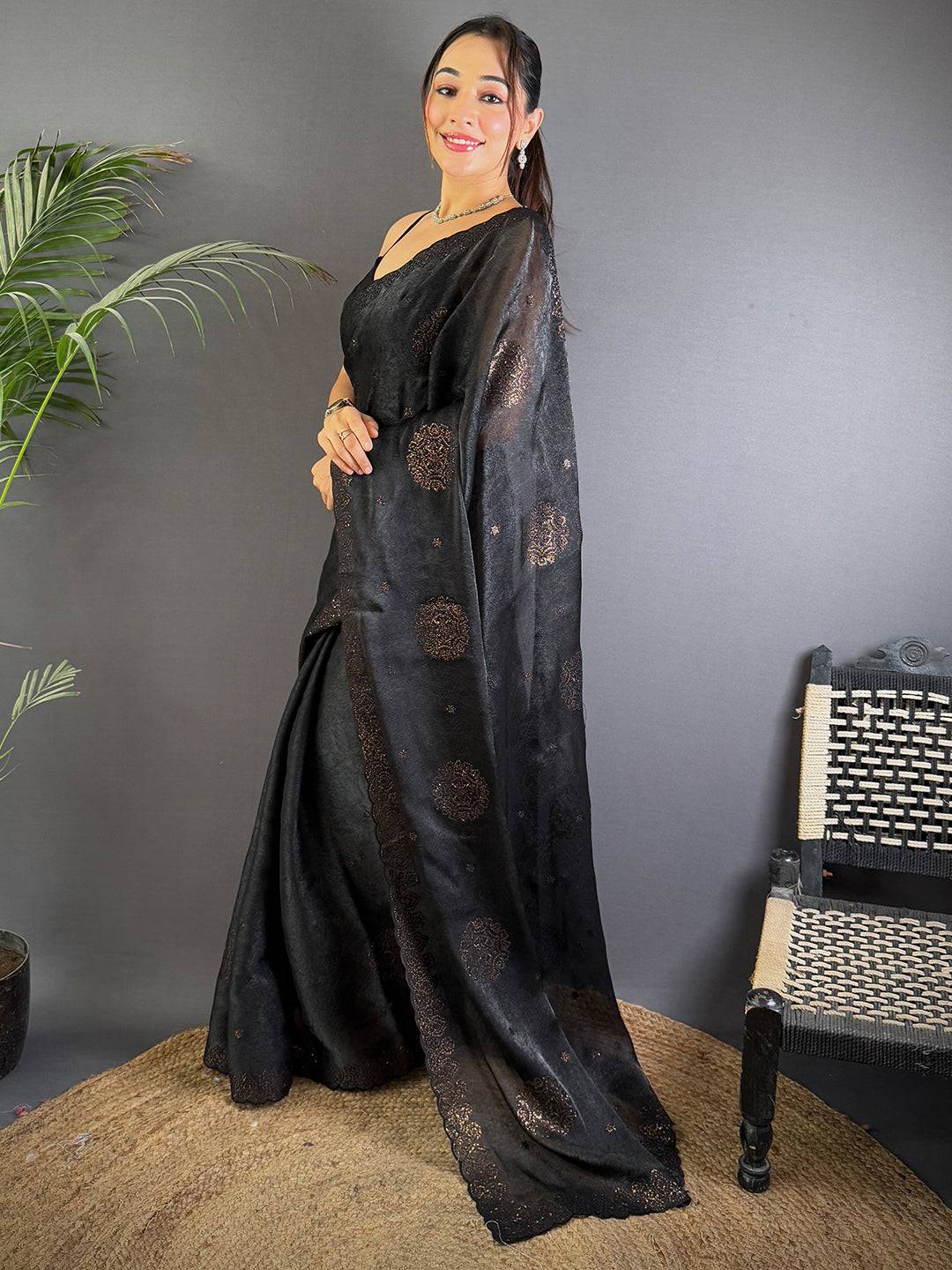 Black Art Silk Sith Embroidery Work Saree