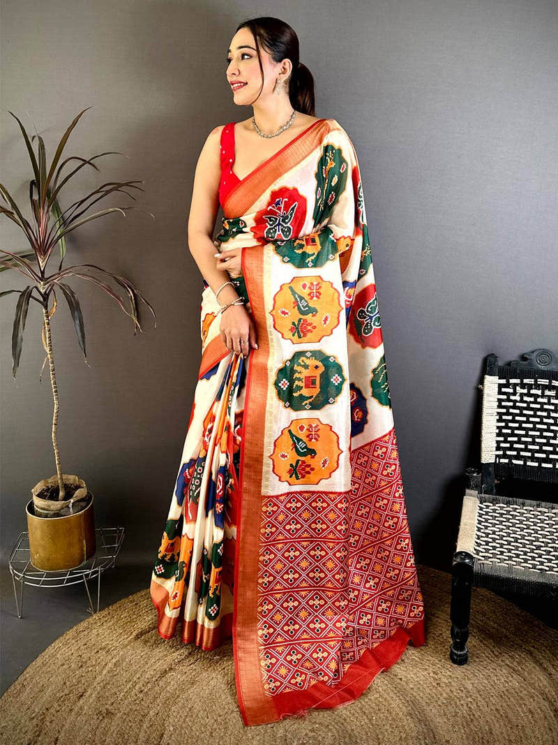 Cream Soft Dola Big Ikkat Minakari Print Saree