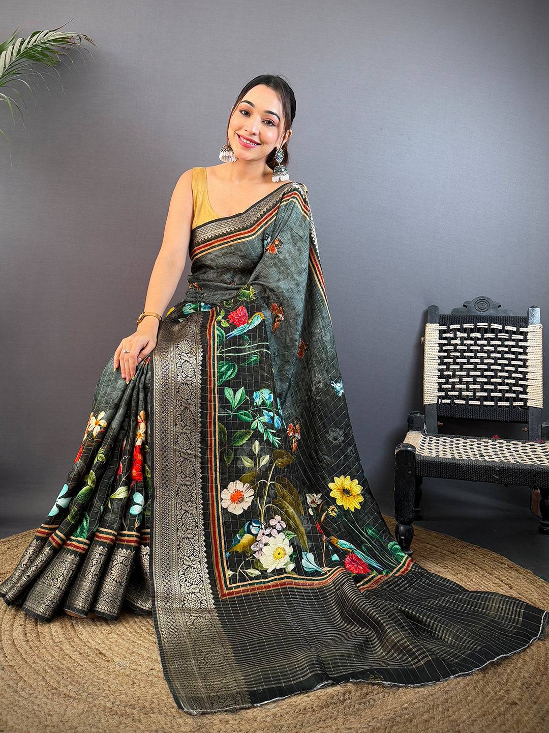 Gray Pure Viscose Checked Saree
