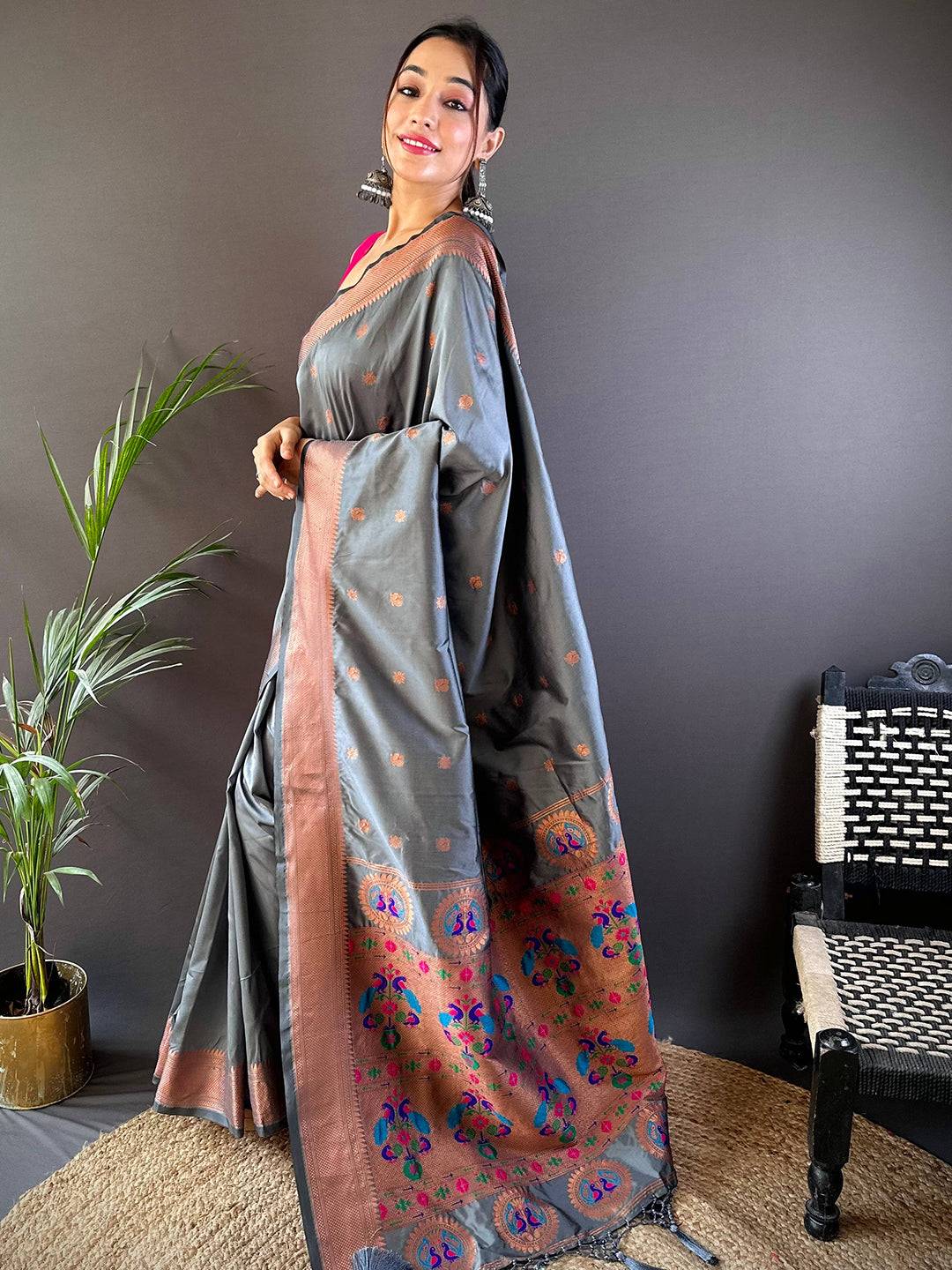 Dark Grey Copper Elegance Soft Silk Saree