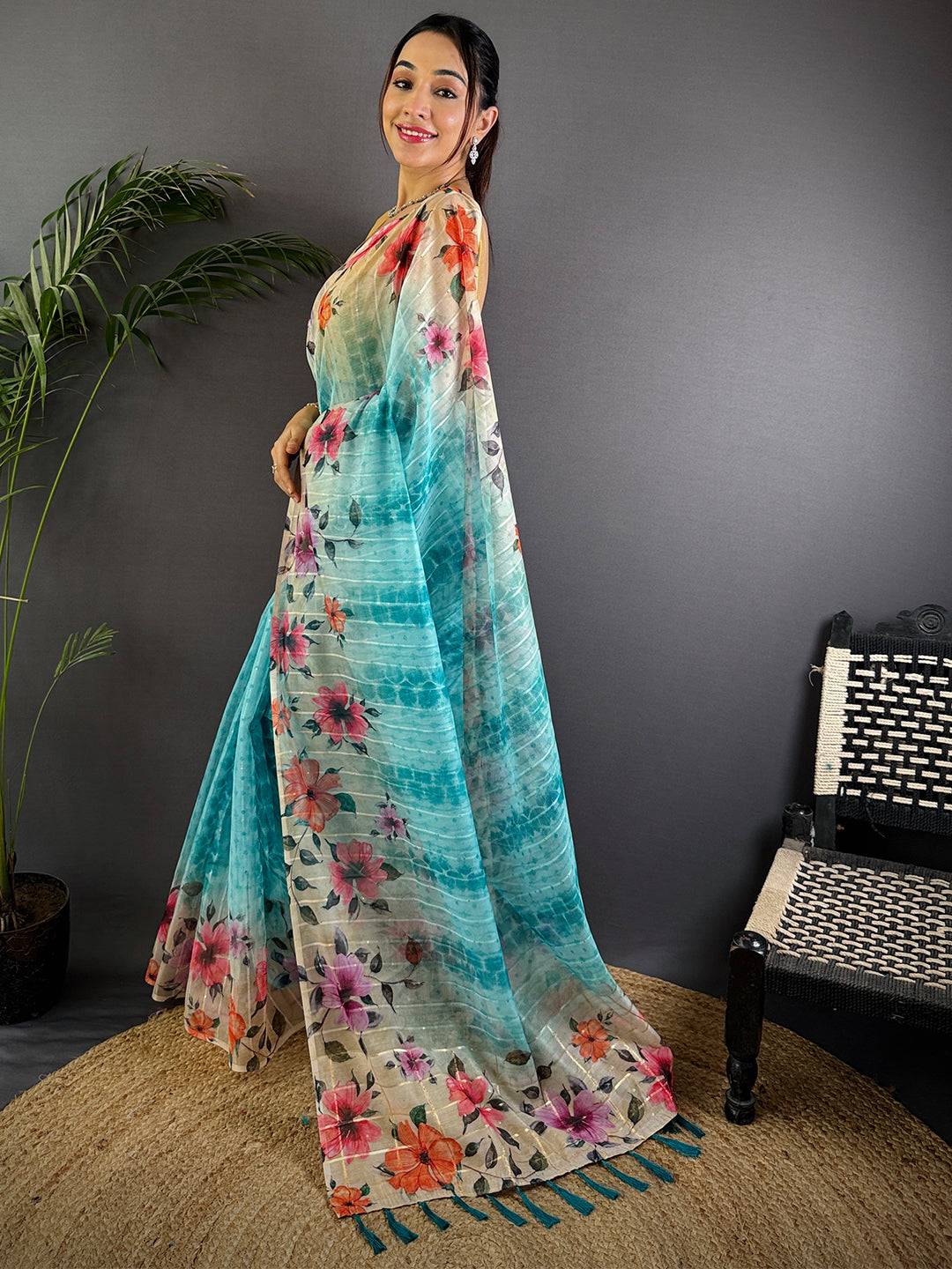 Turquoise Soft Organza Digital Floral Saree