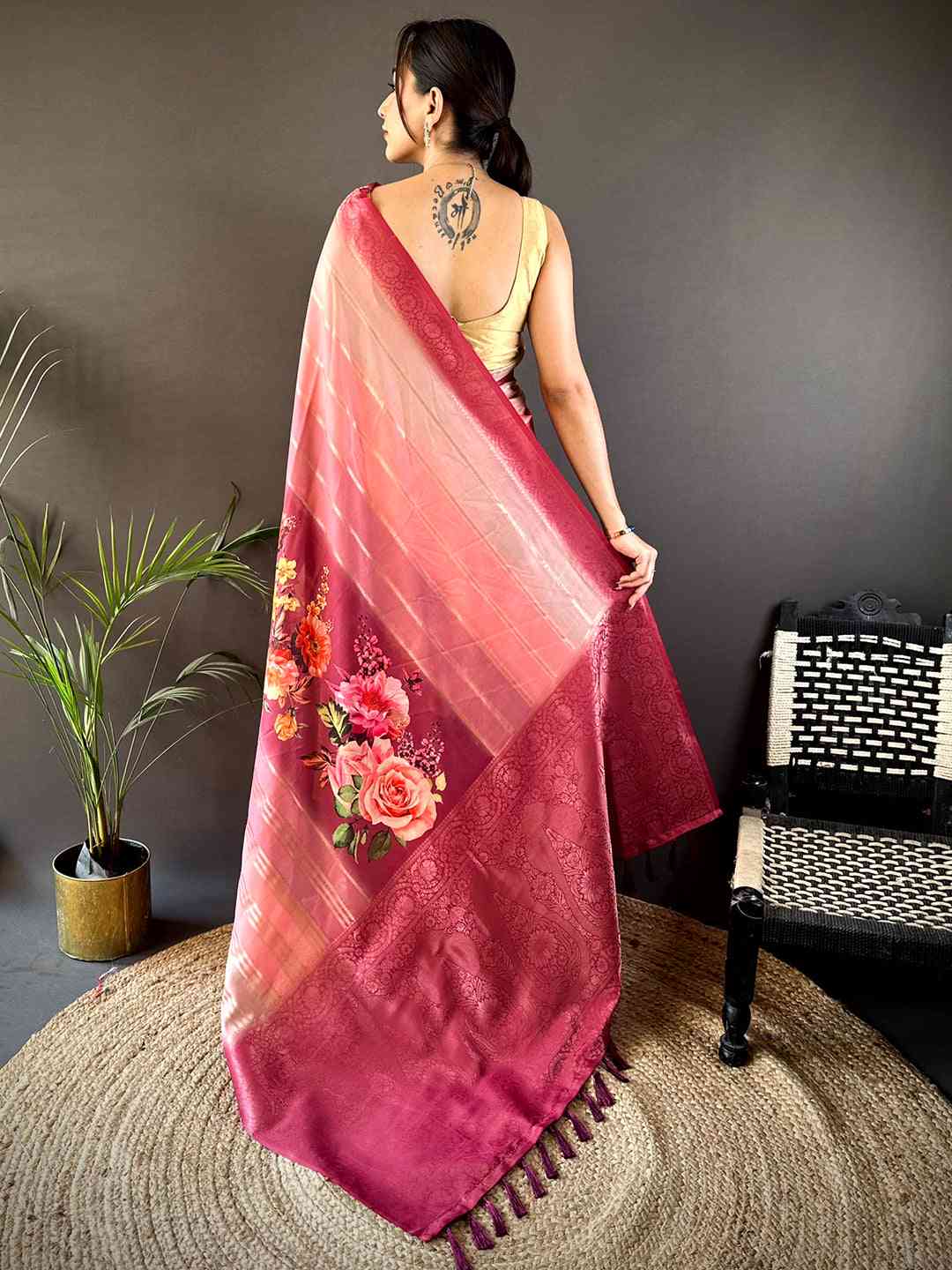 Coral Kalamkari Ombre Crepe Silk Saree