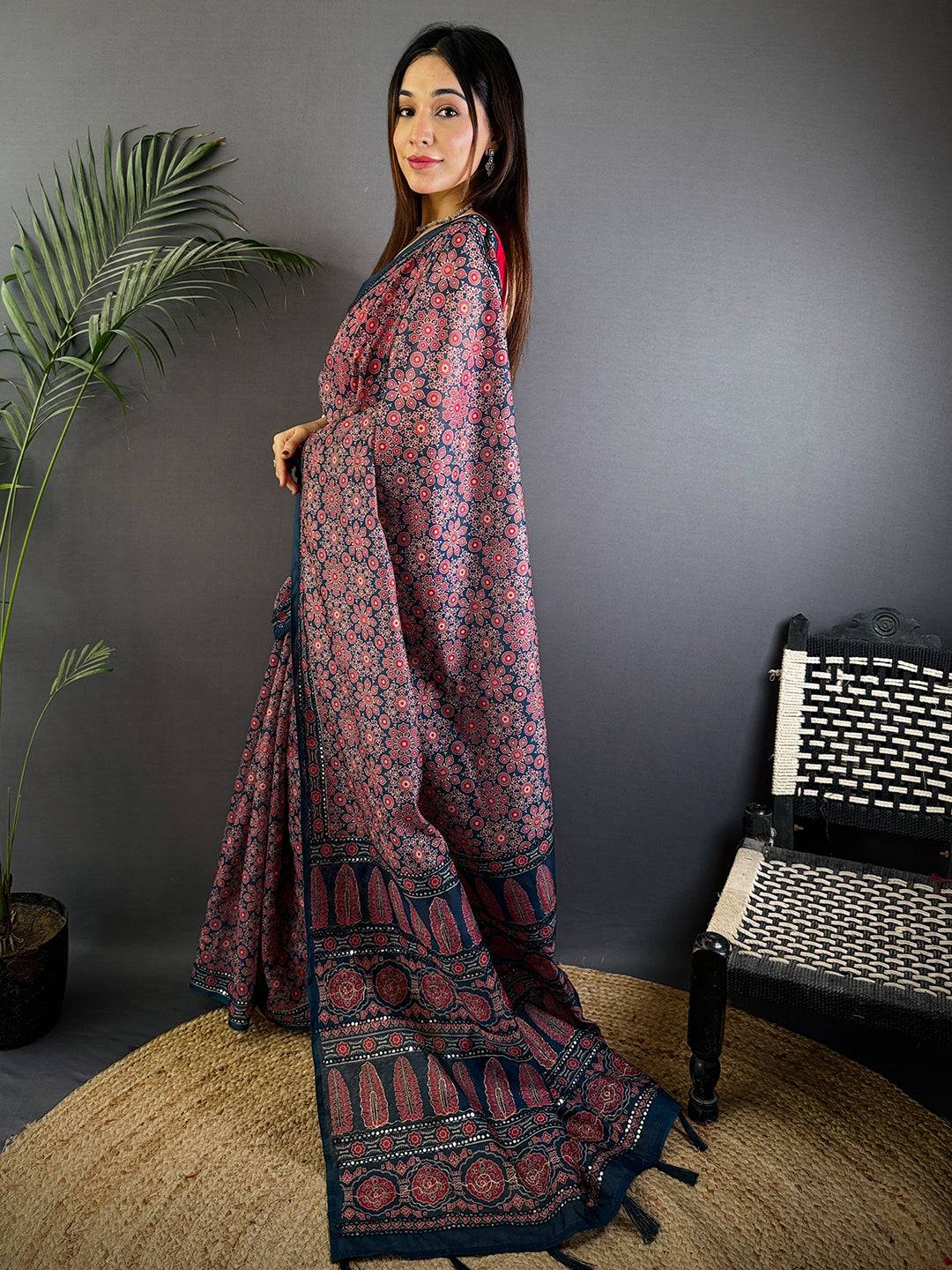 Navy Blue Charm Mirror Work Silk Saree