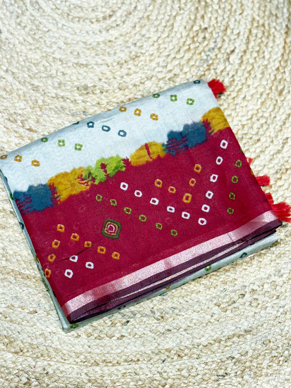 Red Mul Cotton Bandhej Print Saree